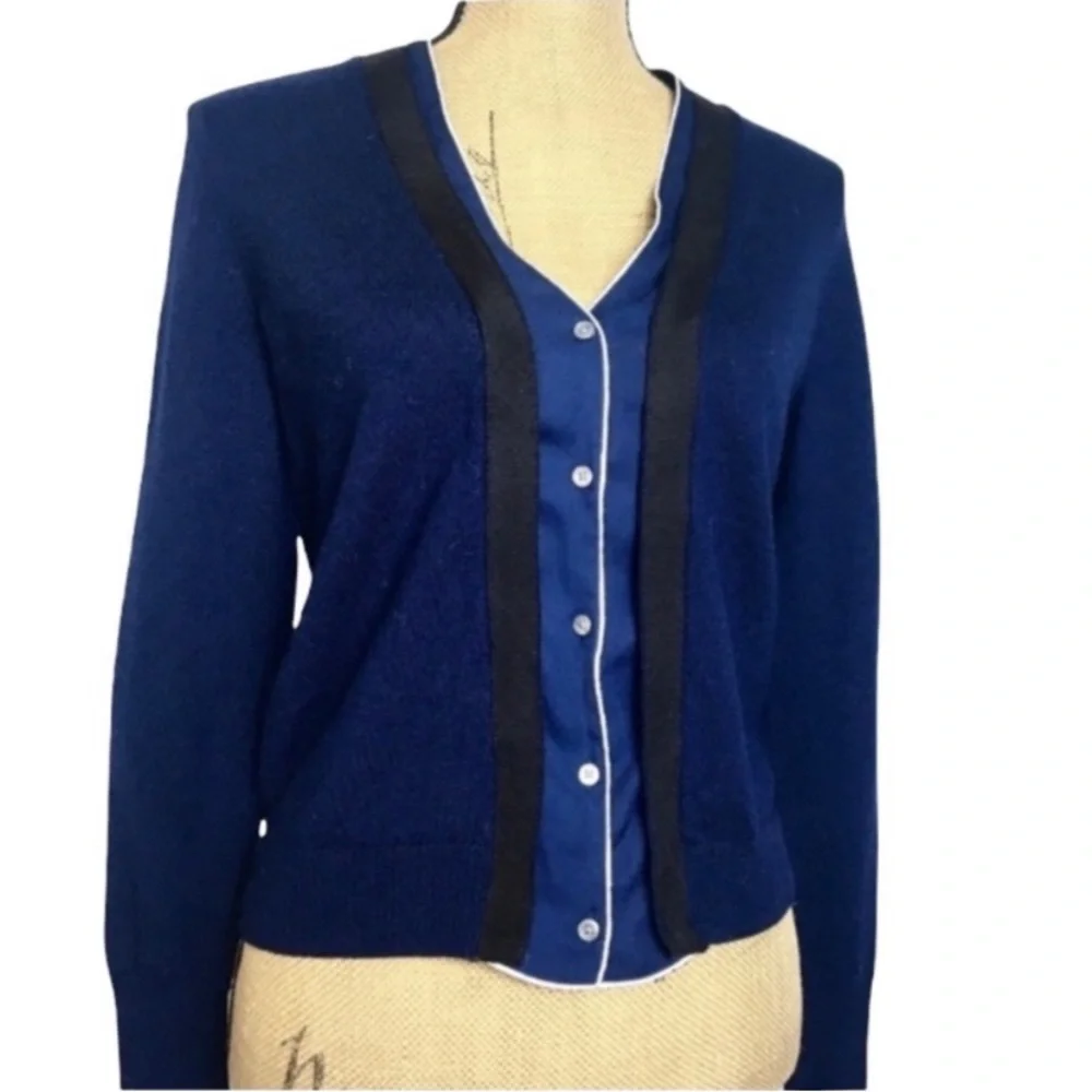 J. Crew Merino Wool Ribbon & Faux Shirt Navy Casual Cardigan Sweater S